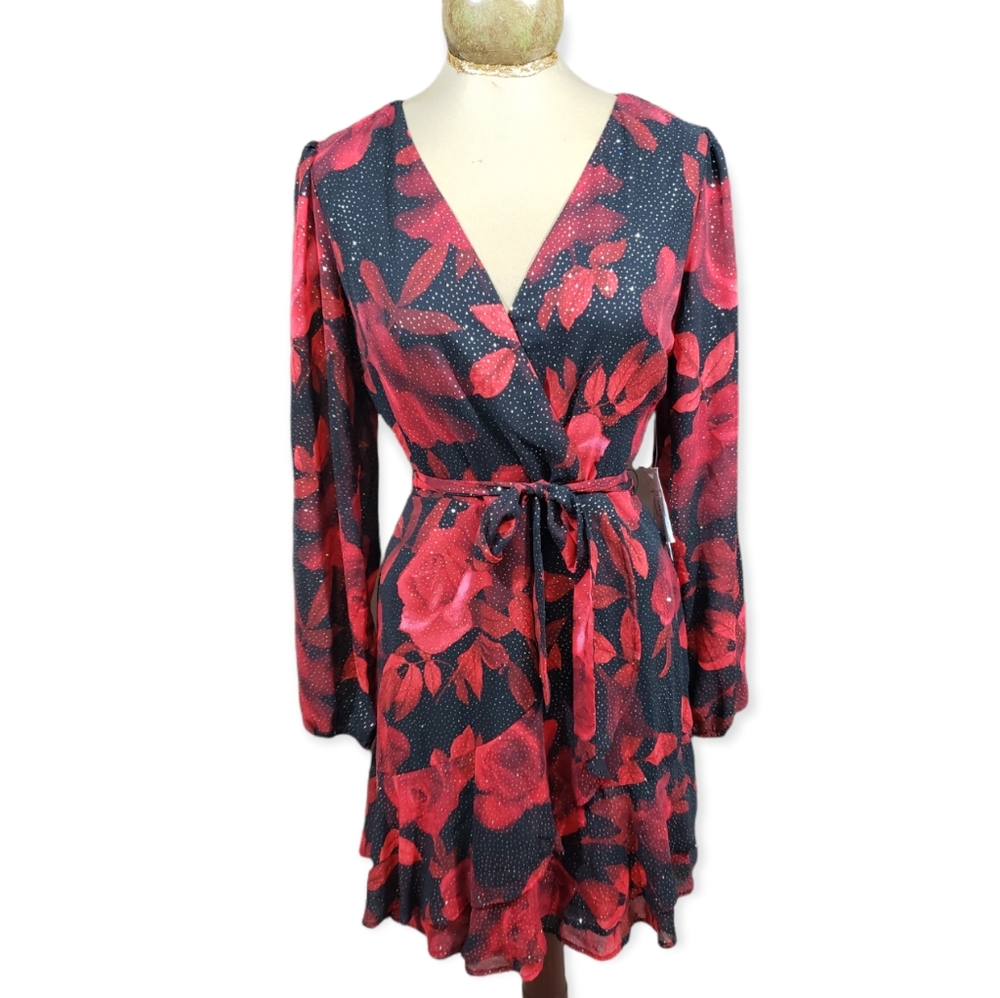 City Vibe Floral Ruffled Glitter V-Neck Party Dress Size 7